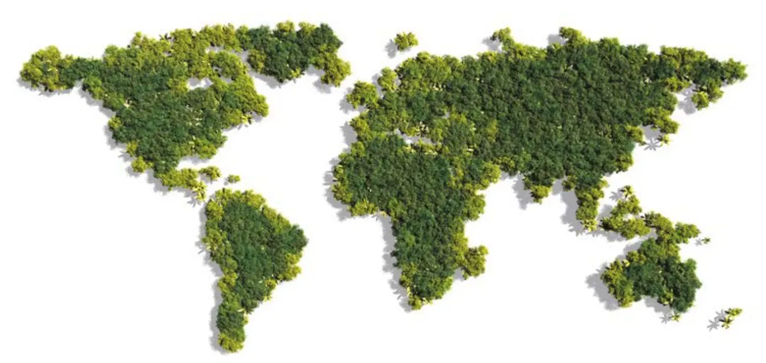 Carte du monde dont les continents sont formés de feuillages verts