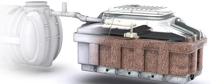 Vue en coupe d’un filtre compact rempli de média filtrant, raccordé à une fosse toutes eaux