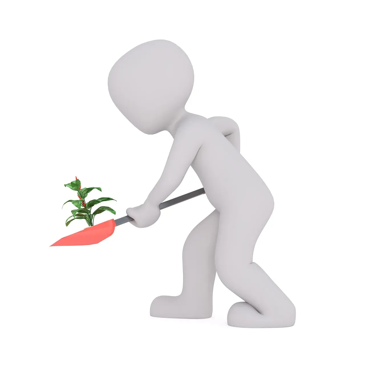 Personnage blanc en 3D portant une pelle sur laquelle pousse une plante
